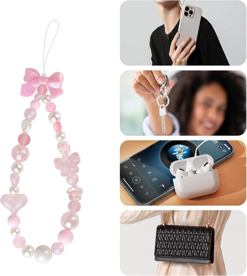 LUVI Beaded Phone Charm Lanyard Wrist Strap Love Heart Bow Beads Butterfly Chain Flower String Pearl Bling Bracelet Keychain Cute Fashion for Women - Image 4
